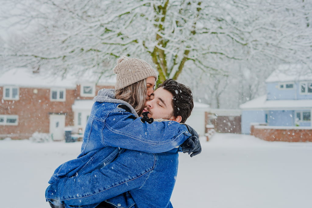 happy couple in winter