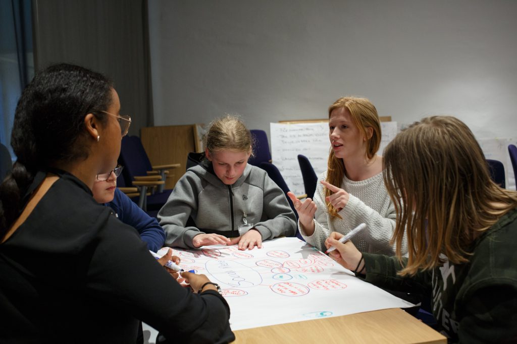 A group of 5 young individuals collaborating on a project and discussing potential solutions.