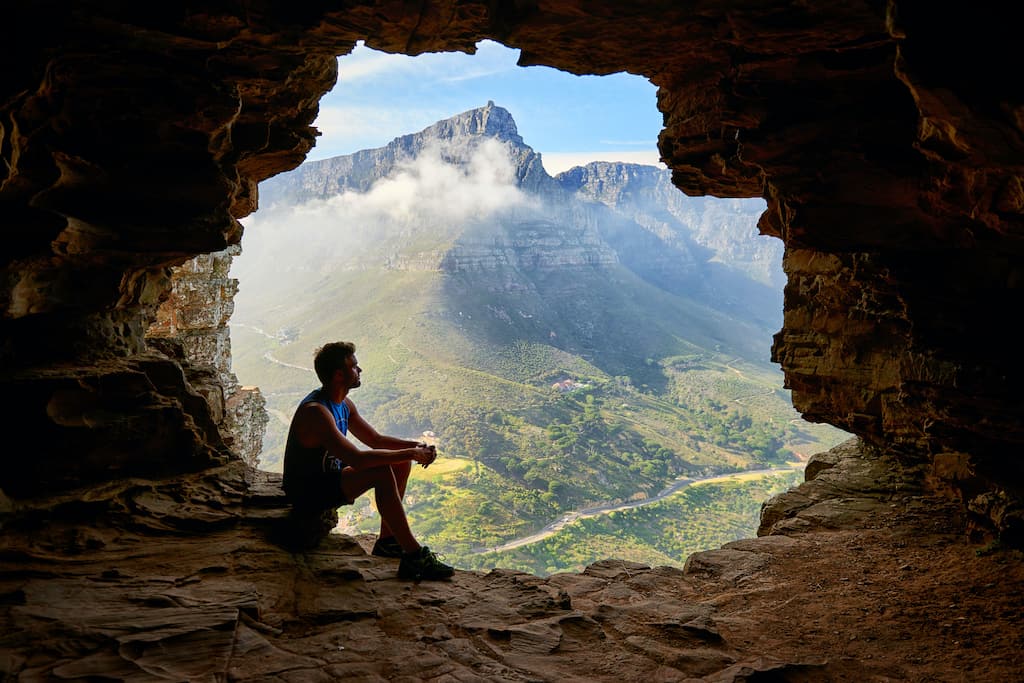 mindful man looking a view of mountains