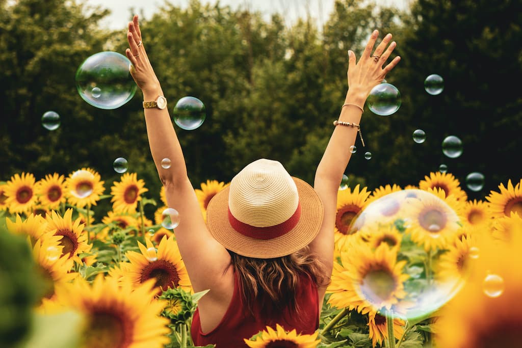 happy woman with flowers