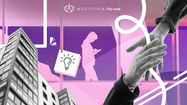 image portraying two hands shaking as sign of committment, a building in the background and meditopia for work's logo