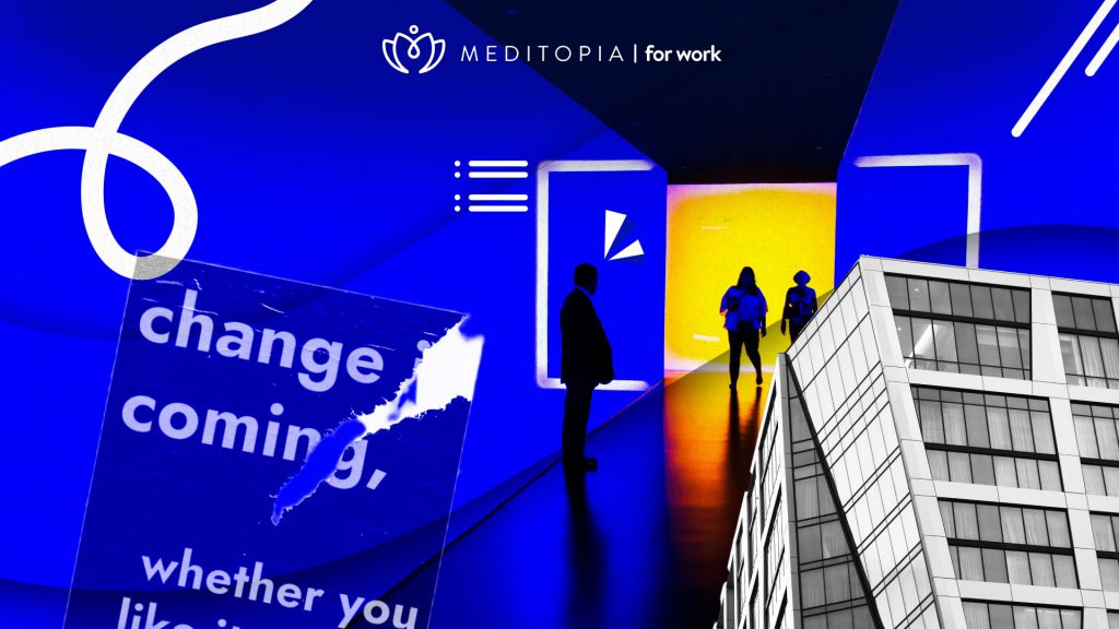 blue image with three people walking around, a building near by, and a letter that says "change coming"